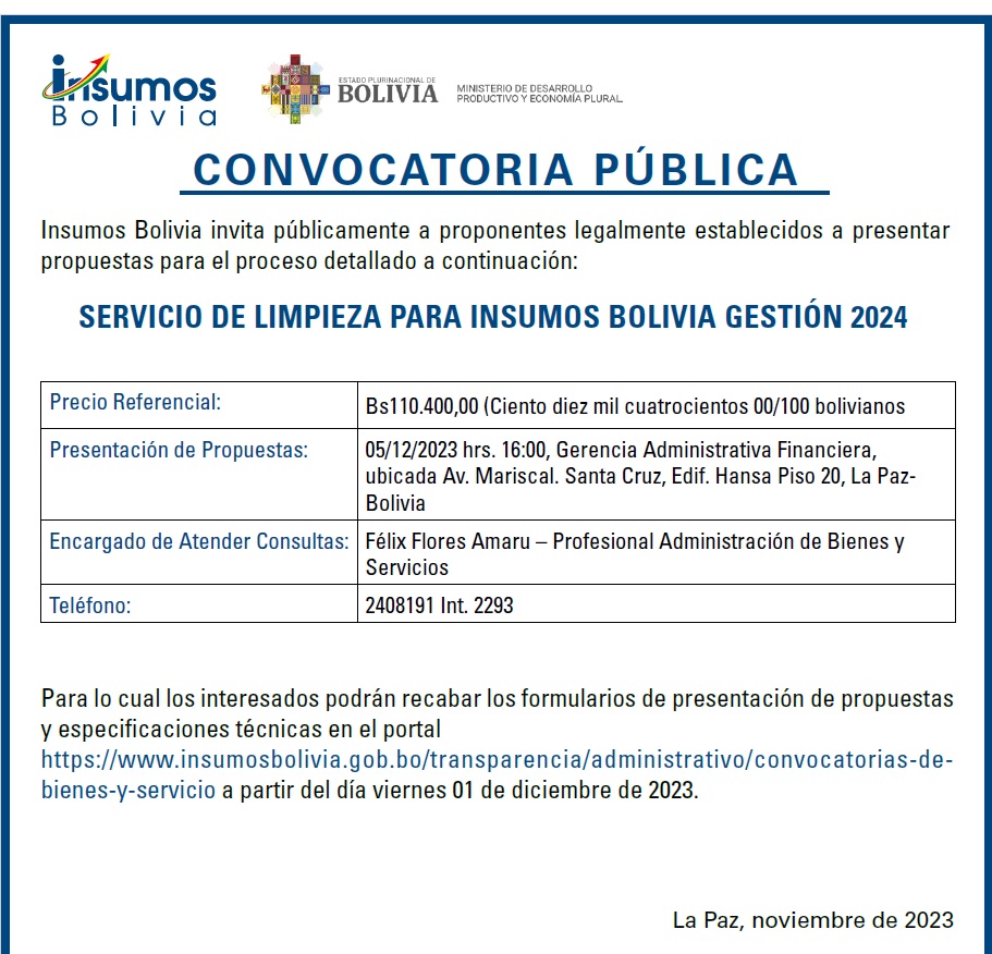 SERVICIO DE LIMPIEZA PARA INSUMOS BOLIVIA GESTION 2024